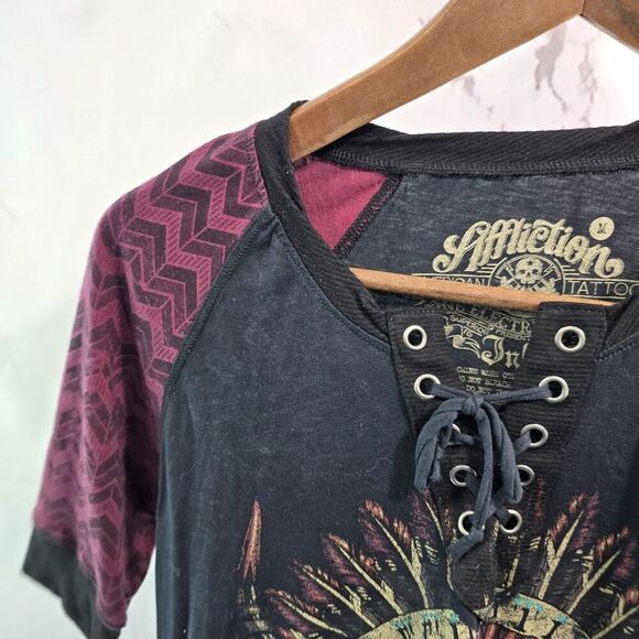 Affliction T Shirt Women Medium Black Red Tee Short Sleeve Criss Cross Feather - Picture 2 of 11